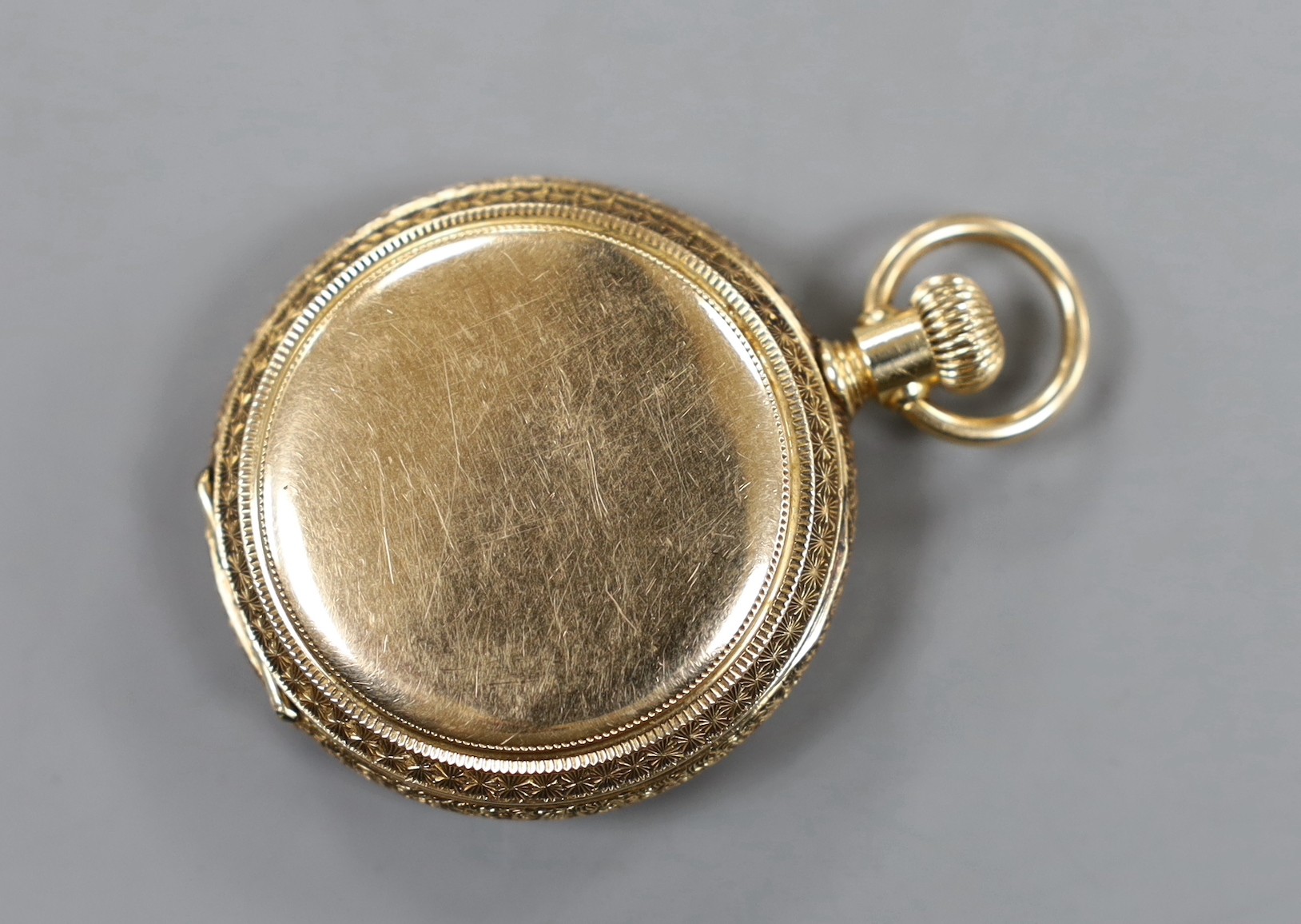 An early 20th century 14k Elgin hunter keyless fob watch, with Arabic dial and engraved monogram